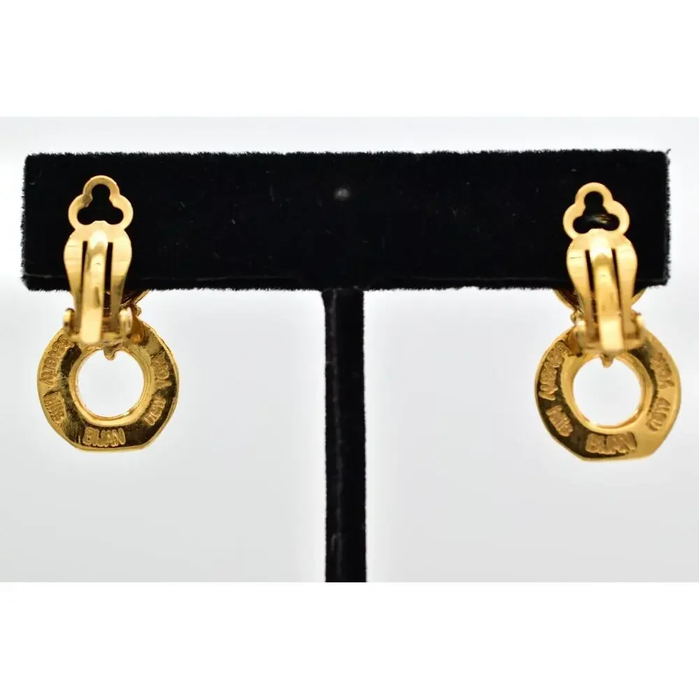 Bijan Vintage Clip On Earrings Chunky Gold Dangle Door Knocker Signed 1980s 9L